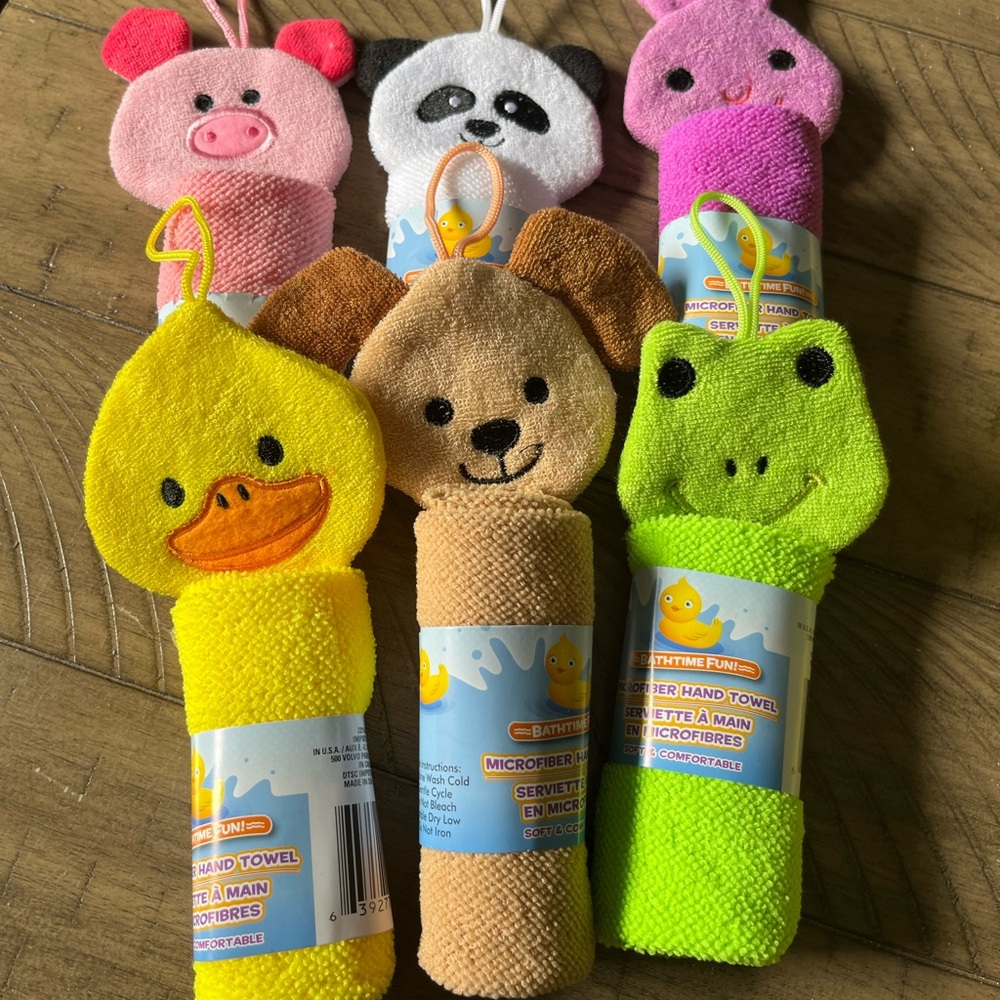 6 BATH TIME FUN MICROFIBER HAND TOWELS CHILDRENS  BUNNY DUCK PIG FROG DOG PANDA